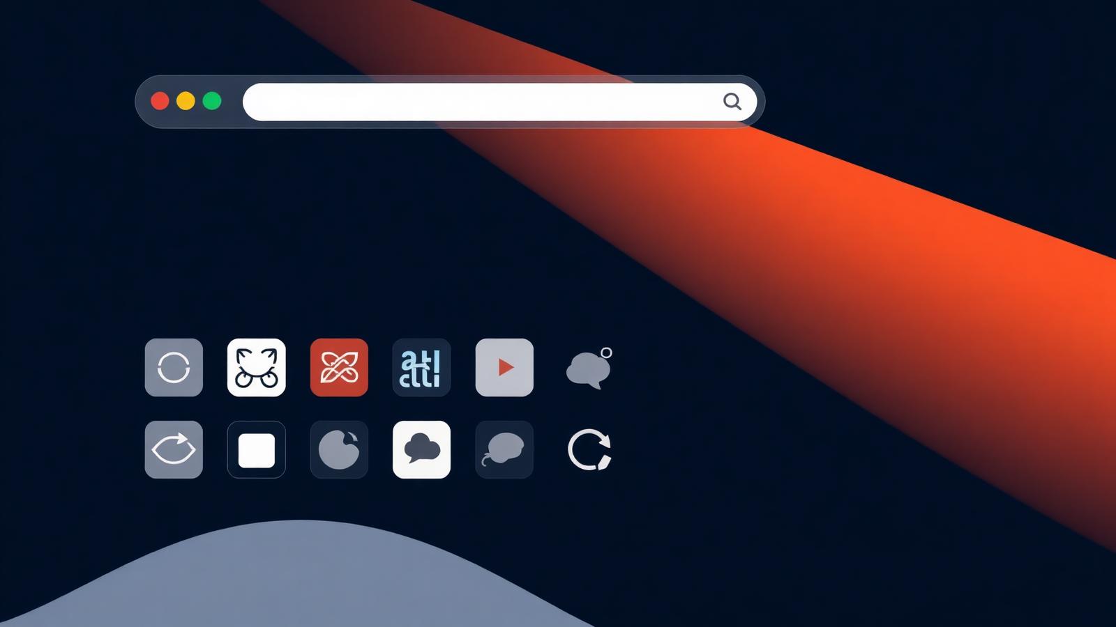Web browser search bar over a grid of app icons, illustrating SEO for apps