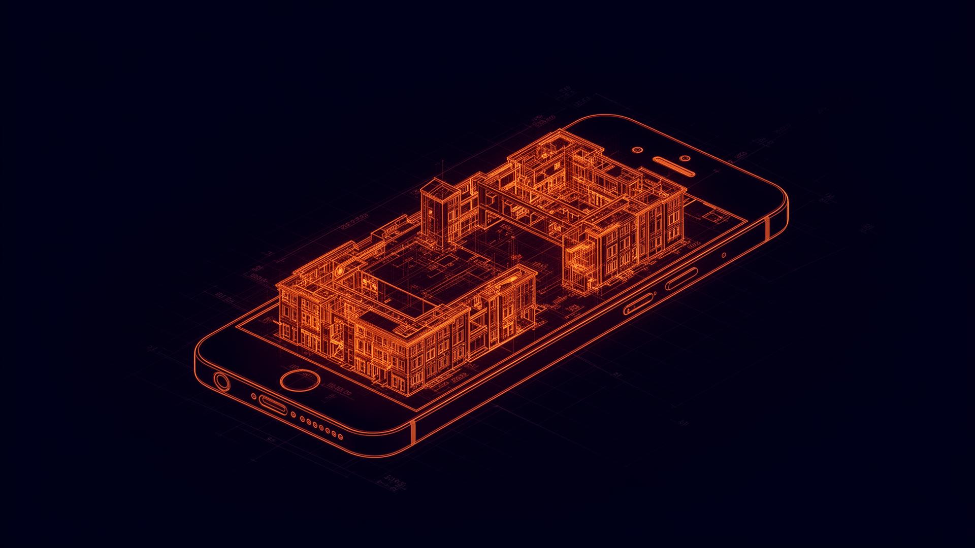 Architectural blueprint of an app rendered on a phone